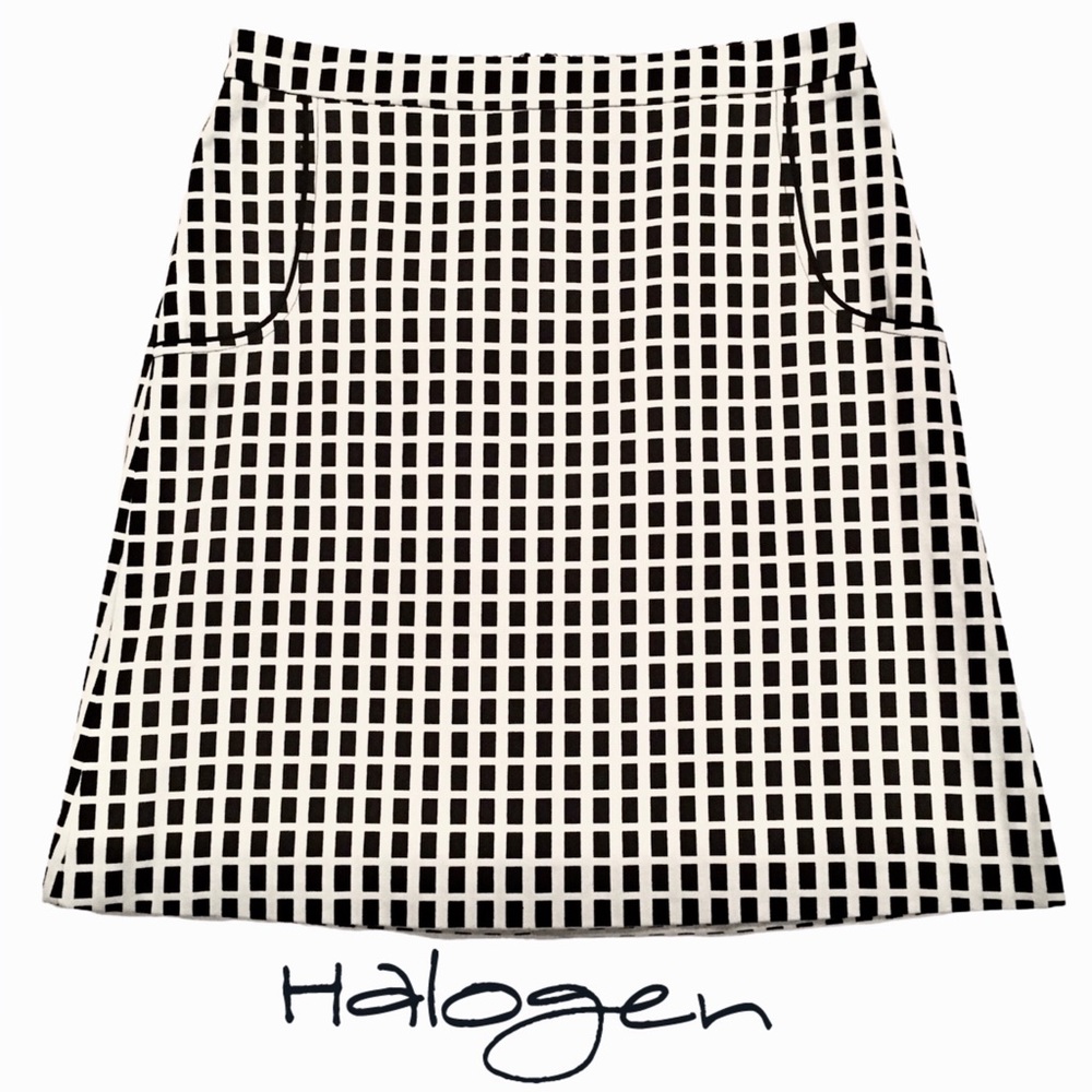 Halogen Black & White Windowpane Print A-Line Skirt, Above Knee, Lined, Sz 6 EUC
